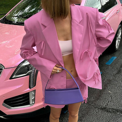 Women's Pink Bow Detail Oversized Casual Blazer
