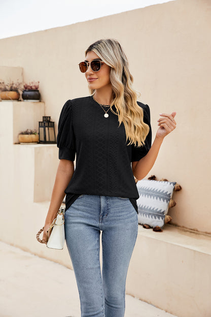 Sweet Puff Sleeve Shirt with Embroidered Cutouts