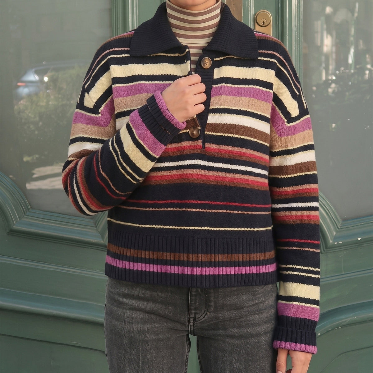 Women's Striped Polo Collar Long Sleeve Sweater