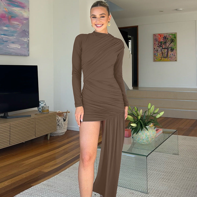 Sexy Ruched Long Sleeve Bodycon Dress Draped Hem