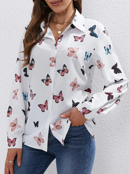Women's Butterfly Print Long Sleeve Button Down Shirt