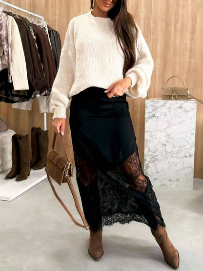 Women Satin Lace Patchwork Midi Skirt Bodycon