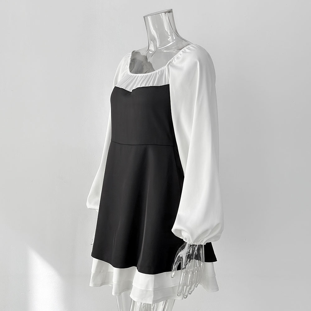 Black White Square Neck Puff Sleeve Ruffle A-Line Dress