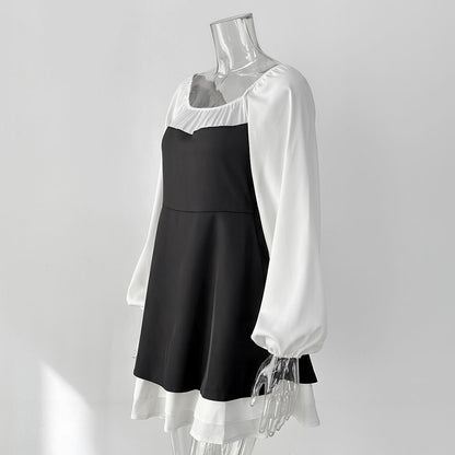 Black White Square Neck Puff Sleeve Ruffle A-Line Dress