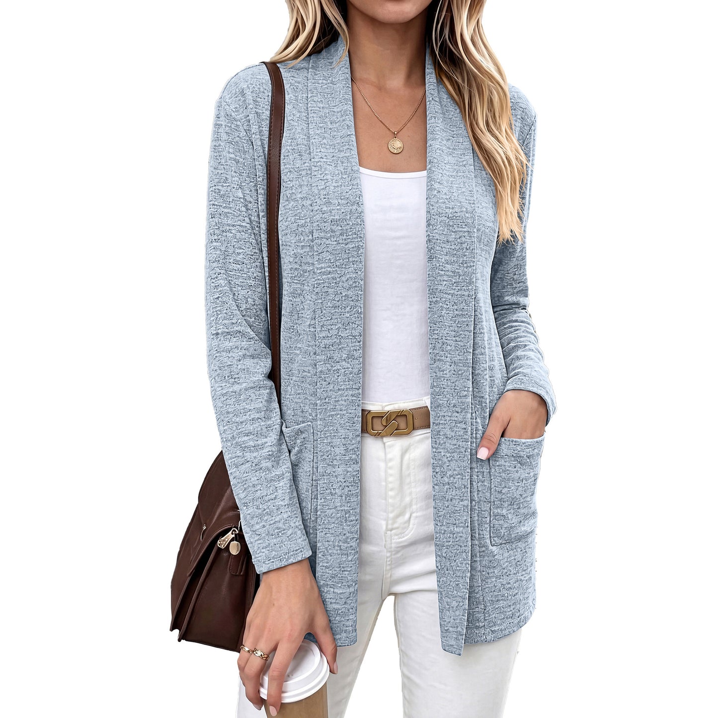 Pocket Open Front Cardigan Long Sleeve Knit Top