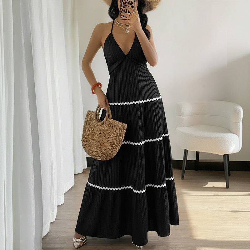 Color Block Halter Maxi Dress Tiered Resort Vacation Style
