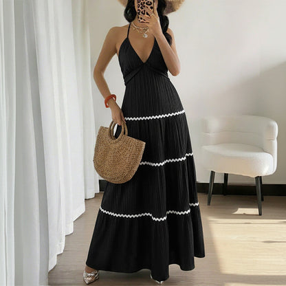 Color Block Halter Maxi Dress Tiered Resort Vacation Style