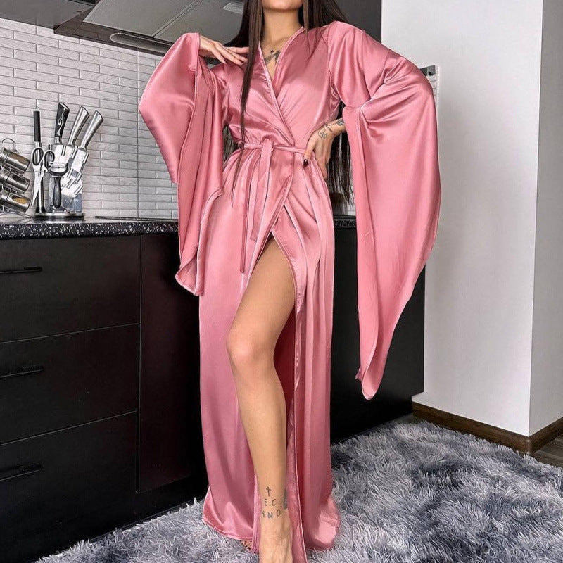 Women's Satin Maxi Wrap Dress Long Sleeve Tie Waist Slit