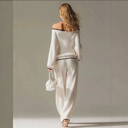 Off Shoulder Contrast Trim Knit Top and Pants Set