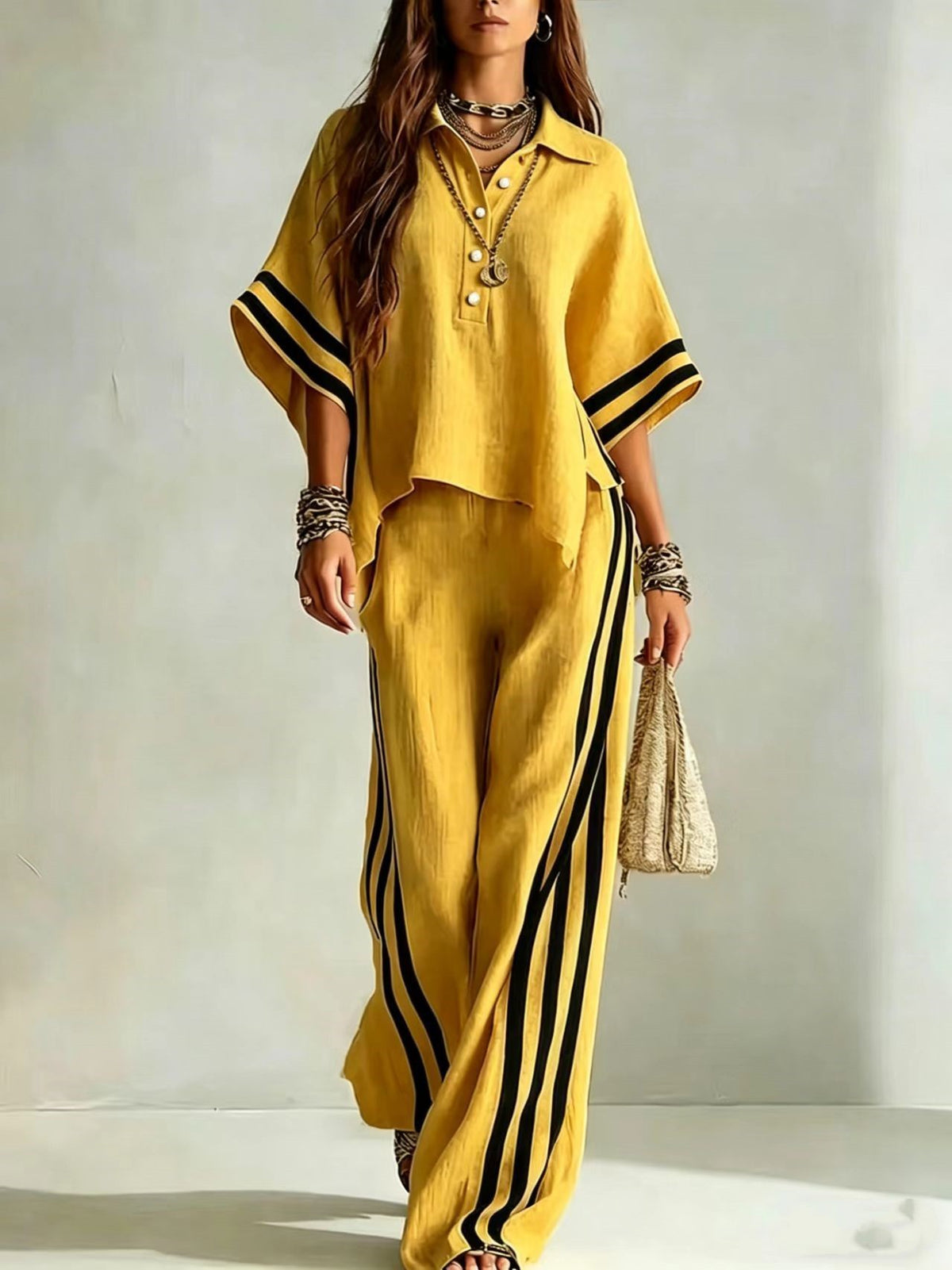 Women's Striped Oversized Shirt Wide Leg Pants 2 Piece Set