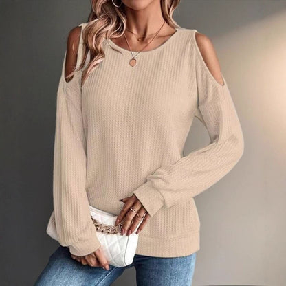 Women's Cold Shoulder Waffle Knit Long Sleeve Casual Top