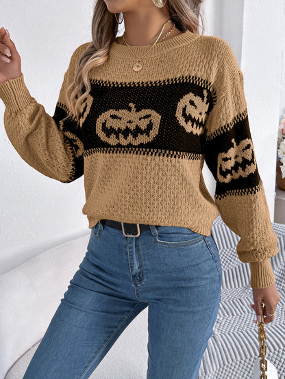 Halloween Pumpkin Pattern Colorblock Long Sleeve Sweater