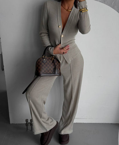 Women's Ribbed Button Cardigan Pants Matching Set
