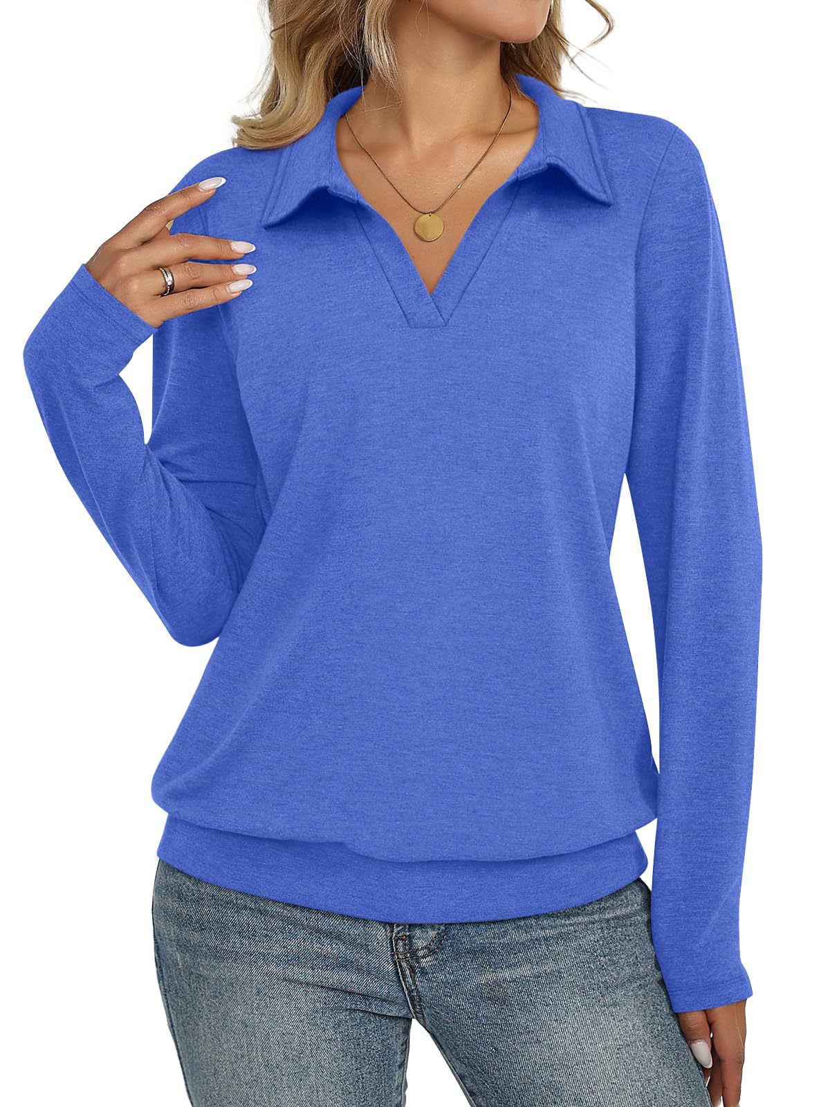 Women's Collared V Neck Long Sleeve Casual Knit Top