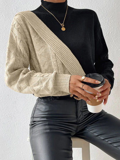 Women's Colorblock Mock Neck Cable Knit Sweater