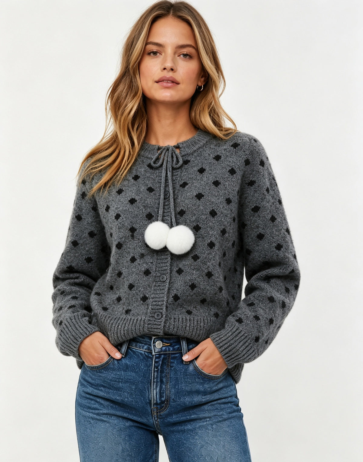 Women's Polka Dot Pom Pom Oversized Knit Cardigan