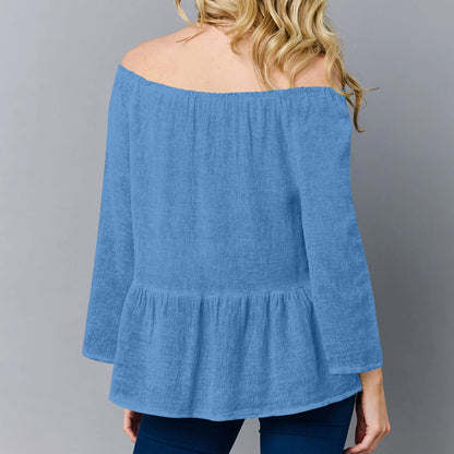 Linen Off Shoulder Blouse Relaxed Fit Boho Top