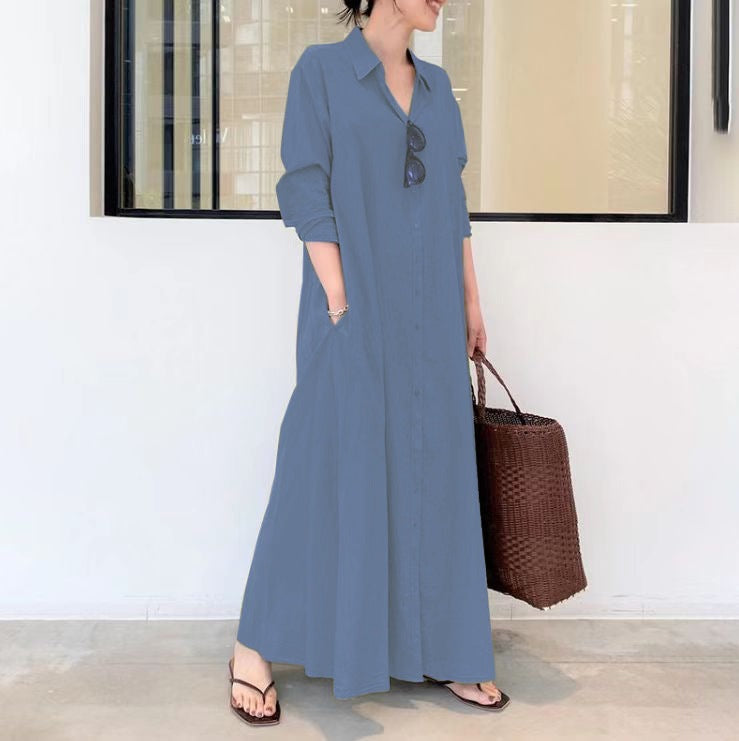 Women's Cotton Linen Maxi Shirt Dress Long Sleeve Pockets
