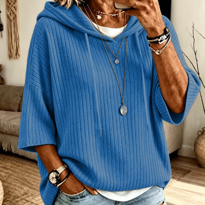 Oversized Ribbed Half Sleeve Hoodie Tunic Pullover Top