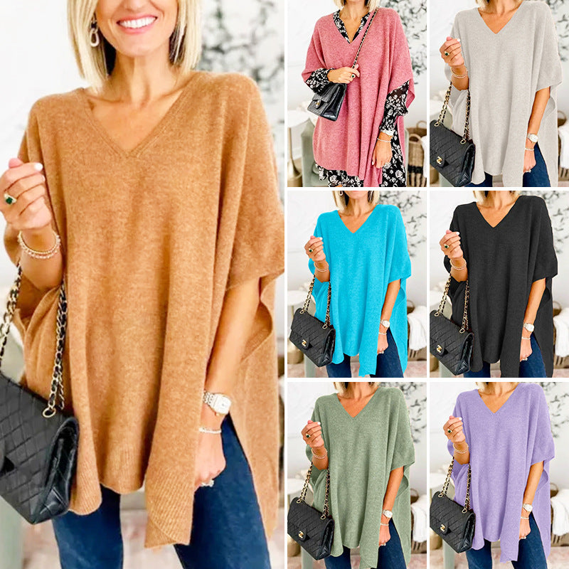 Women's Oversized V-Neck Batwing Sleeve Knit Poncho Sweater