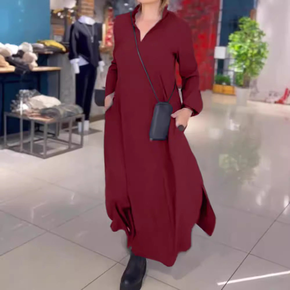 Women's Casual V Neck Long Sleeve Maxi Dress with Pockets