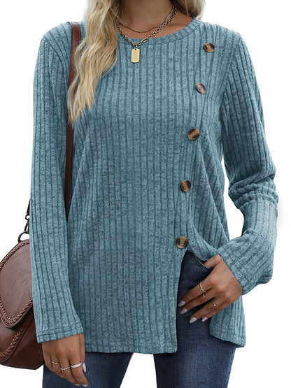 Women's Side Button Ribbed Long Sleeve Tunic Top