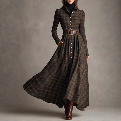 Plaid Button Front Maxi Shirt Dress Long Sleeve Collared