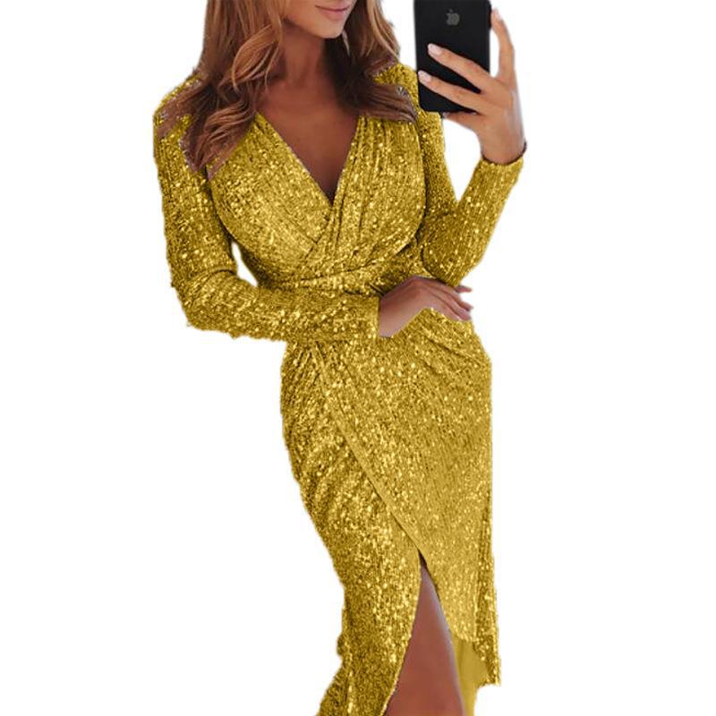 Sequin Long Sleeve V-Neck Bodycon Slit Midi Cocktail Dress