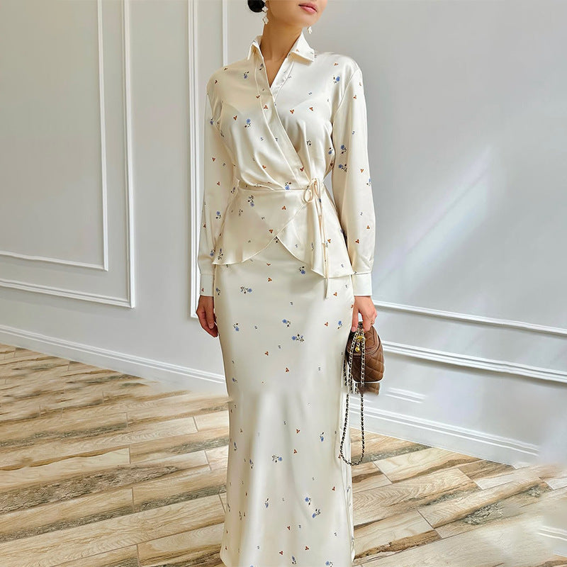 Women's Floral Long Sleeve Tie Waist Top & Maxi Skirt Set
