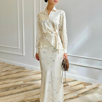 Women's Floral Long Sleeve Tie Waist Top & Maxi Skirt Set