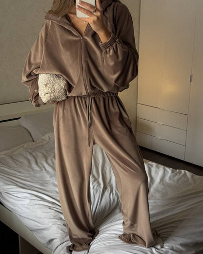 Women's Velvet Zip Up Jacket Wide Leg Pants Matching Set