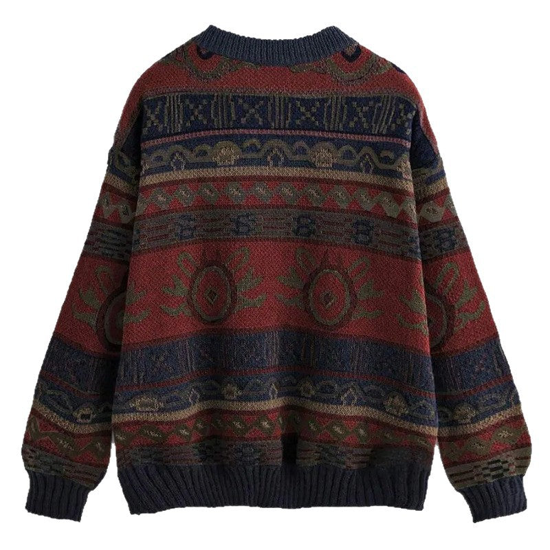 Women's Oversized Vintage Jacquard Crewneck Knit Sweater