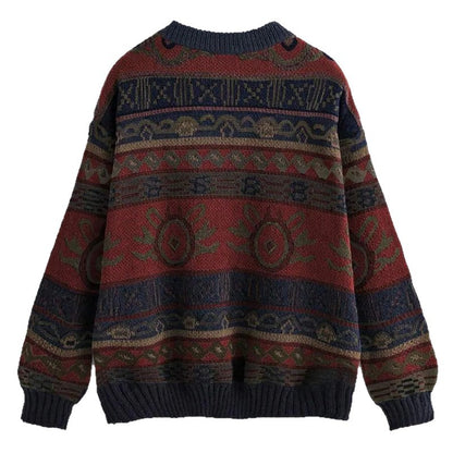 Women's Oversized Vintage Jacquard Crewneck Knit Sweater