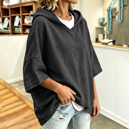 Women's Oversized Denim Hoodie 3/4 Sleeve Pullover Top