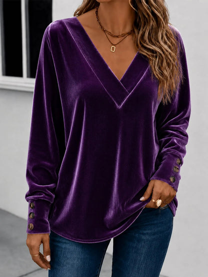 Women's V-Neck Velvet Long Sleeve Button Cuff Top