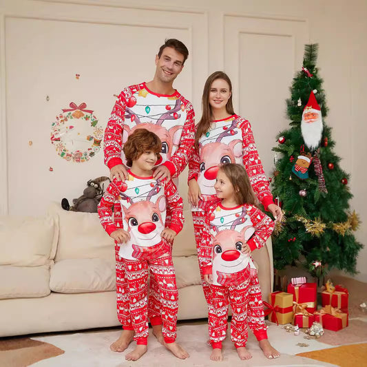 Parent-child Loungewear Deer Print Crew Neck Long-sleeved Christmas Pajama Set