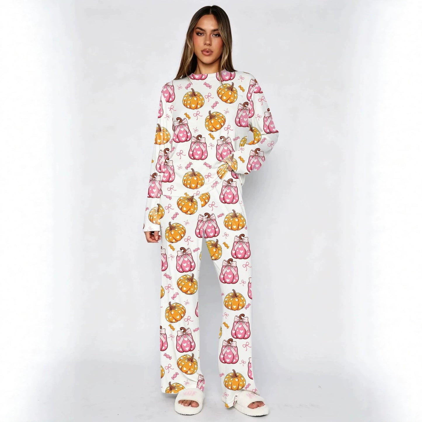 Womens Halloween Pumpkin Pajama Set Long Sleeve