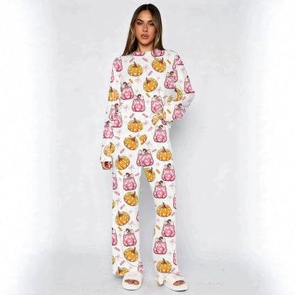 Womens Halloween Pumpkin Pajama Set Long Sleeve