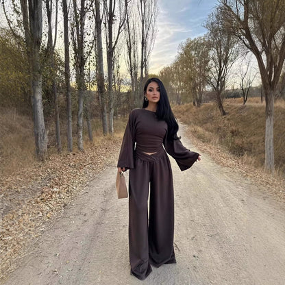 Satin Two Piece Set Ruched Top Wide Leg Pants