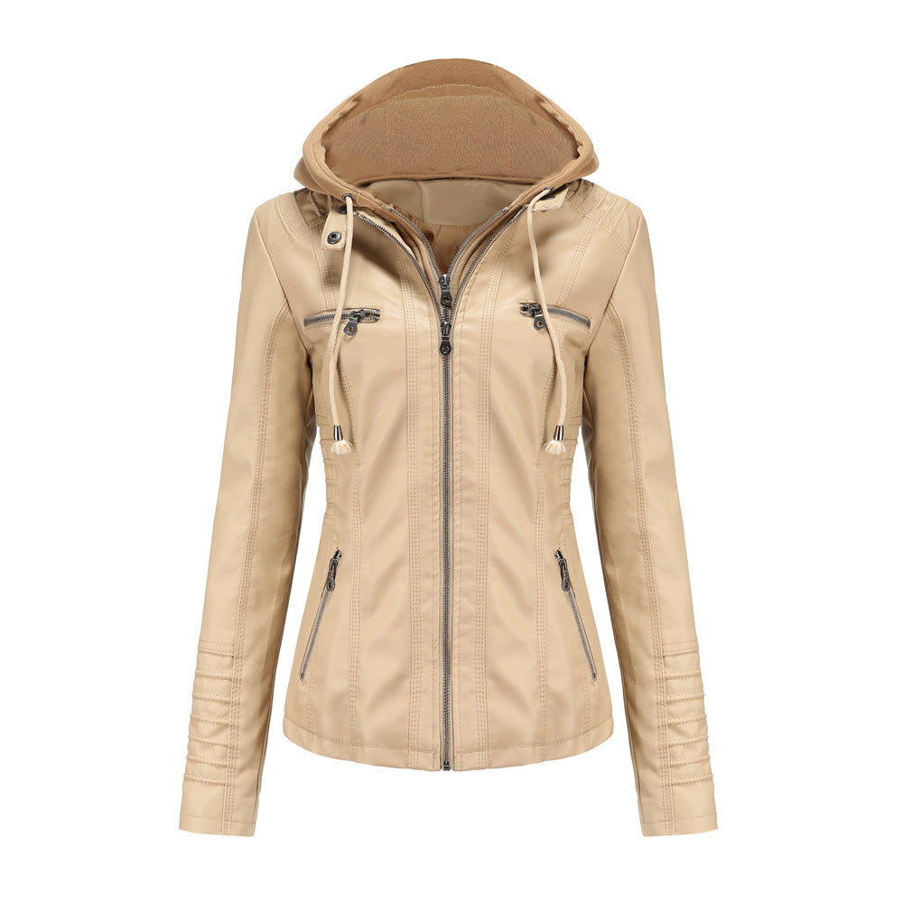 Women's Faux Leather Moto Jacket Removable Hood Plus Size