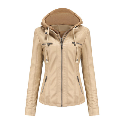 Women's Faux Leather Moto Jacket Removable Hood Plus Size