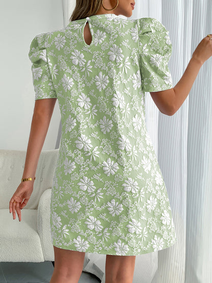 Puff Sleeve Jacquard Textured Mini Dress