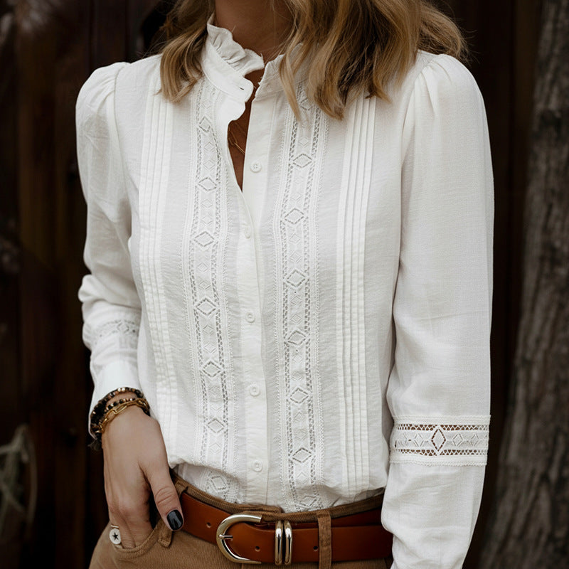 Vintage Lace Trim Ruffle Neck Button Front Blouse