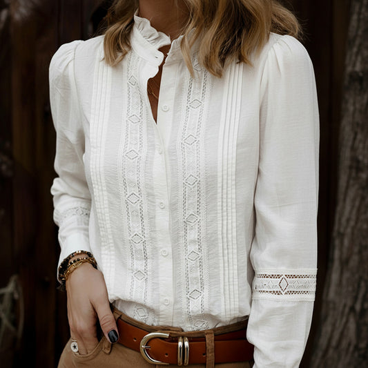 Vintage Lace Trim Ruffle Neck Button Front Blouse