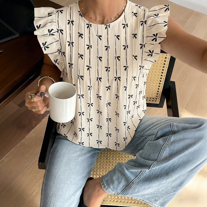 Bow Print Ruffle Sleeve Blouse Vintage Floral Casual Top
