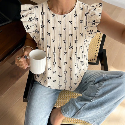 Bow Print Ruffle Sleeve Blouse Vintage Floral Casual Top