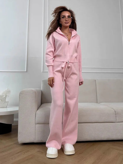 Women's Knit Lounge Set Zip Up Top Wide Leg Pants