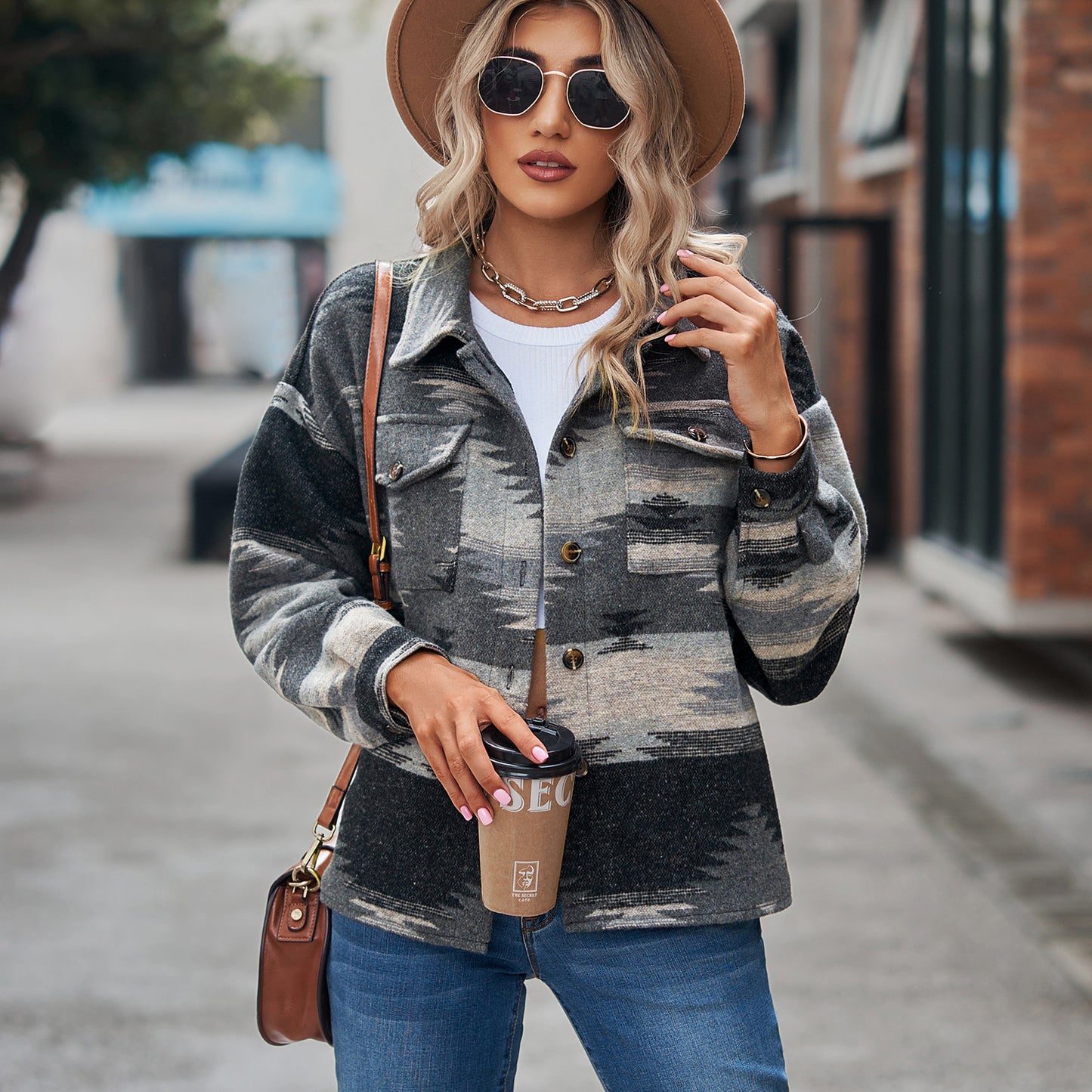 Women's Aztec Shacket Oversized Button Front Jacket