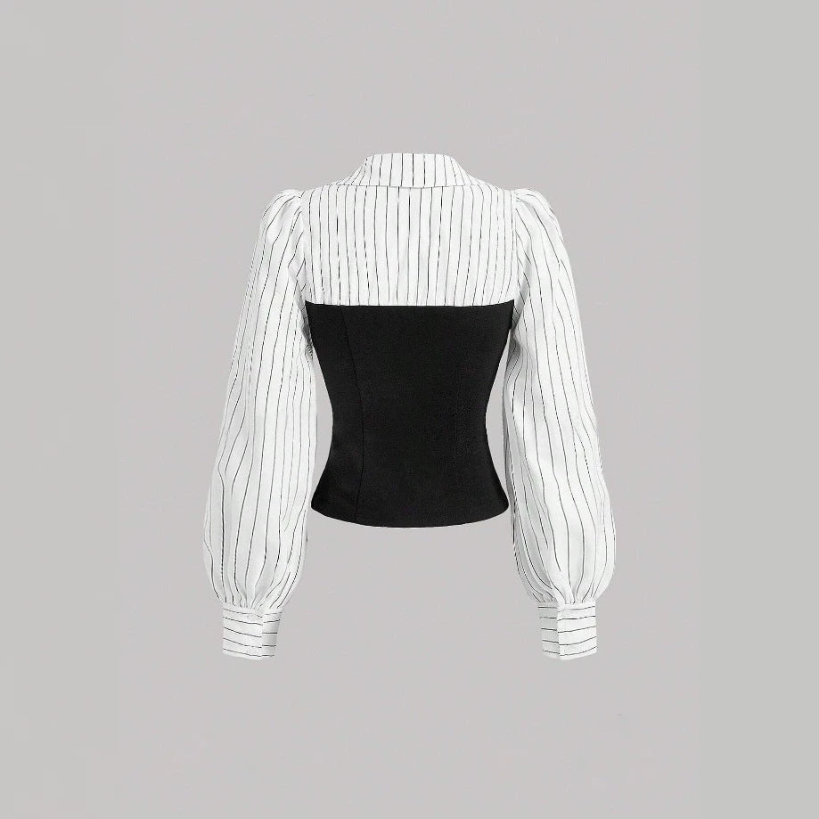Striped Colorblock Corset Blouse Collared Puff Sleeve Top
