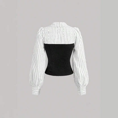 Striped Colorblock Corset Blouse Collared Puff Sleeve Top